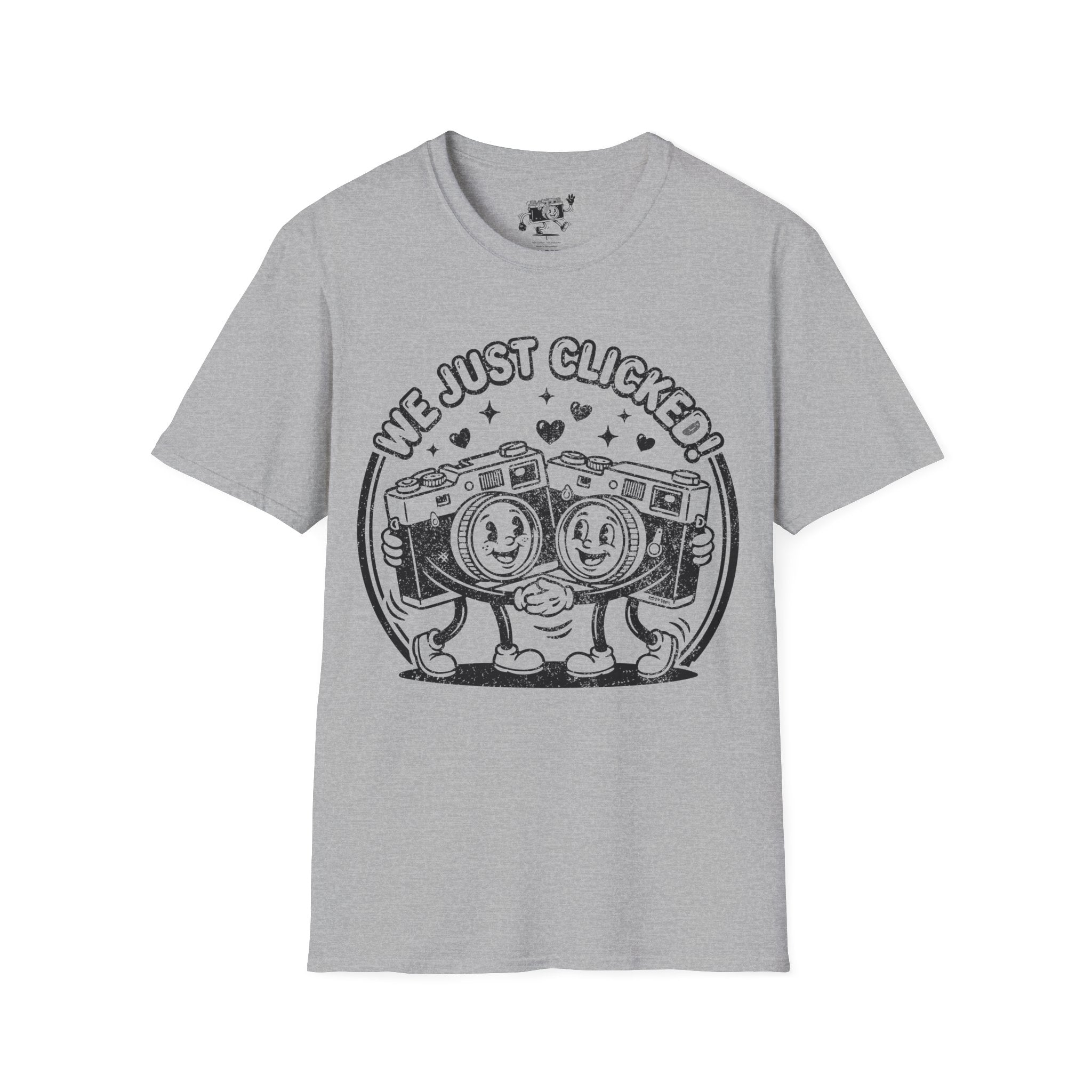 ‘We Just Clicked!’ DISTRESSED VERSION camera besties forever fun 1930’s art style camera graphic T-Shirt — Photography Lover Tee