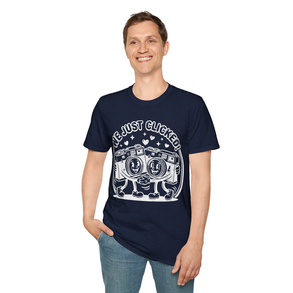 ‘We Just Clicked!’ DISTRESSED VERSION camera besties forever fun 1930’s art style camera graphic T-Shirt — Photography Lover Tee