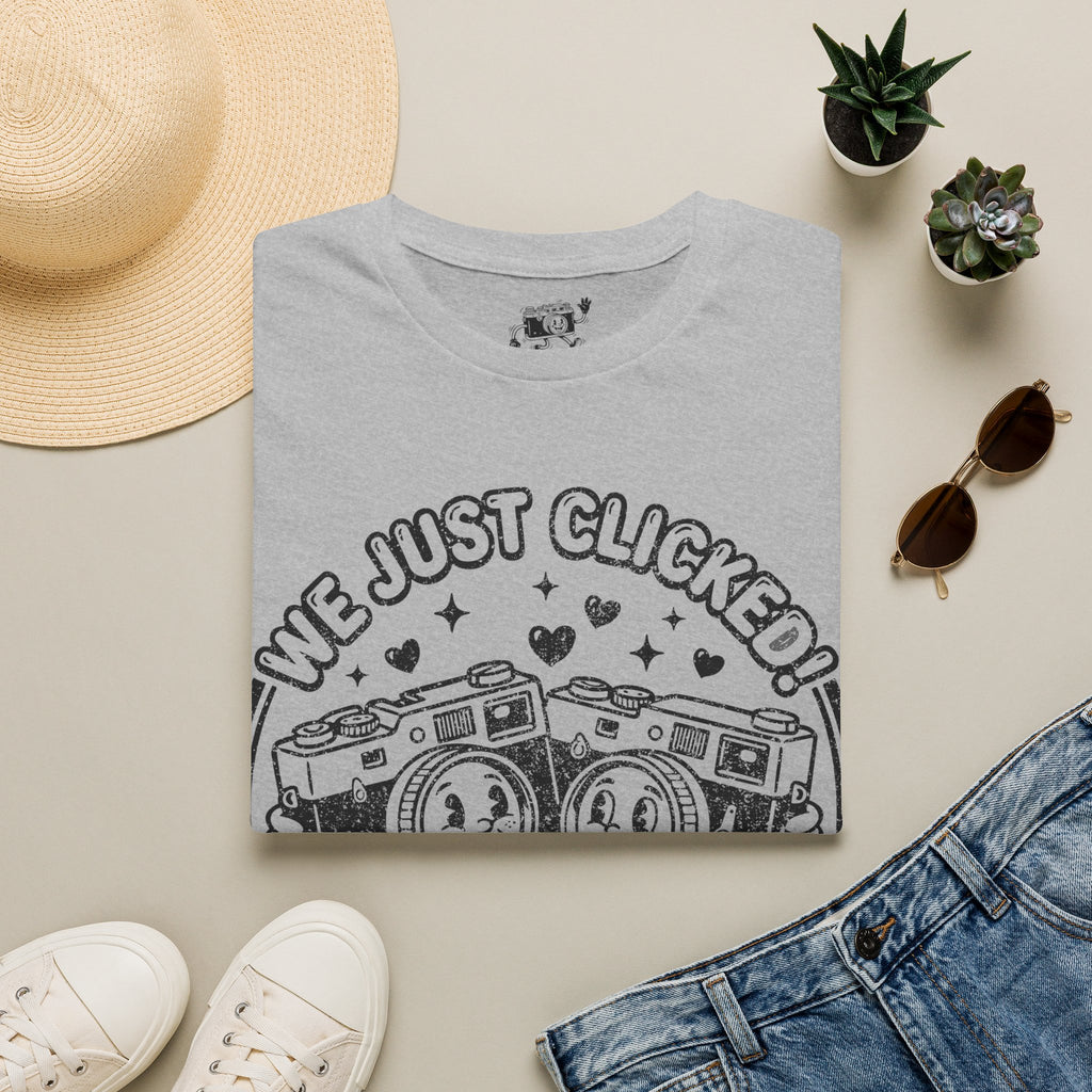 ‘We Just Clicked!’ DISTRESSED VERSION camera besties forever fun 1930’s art style camera graphic T-Shirt — Photography Lover Tee