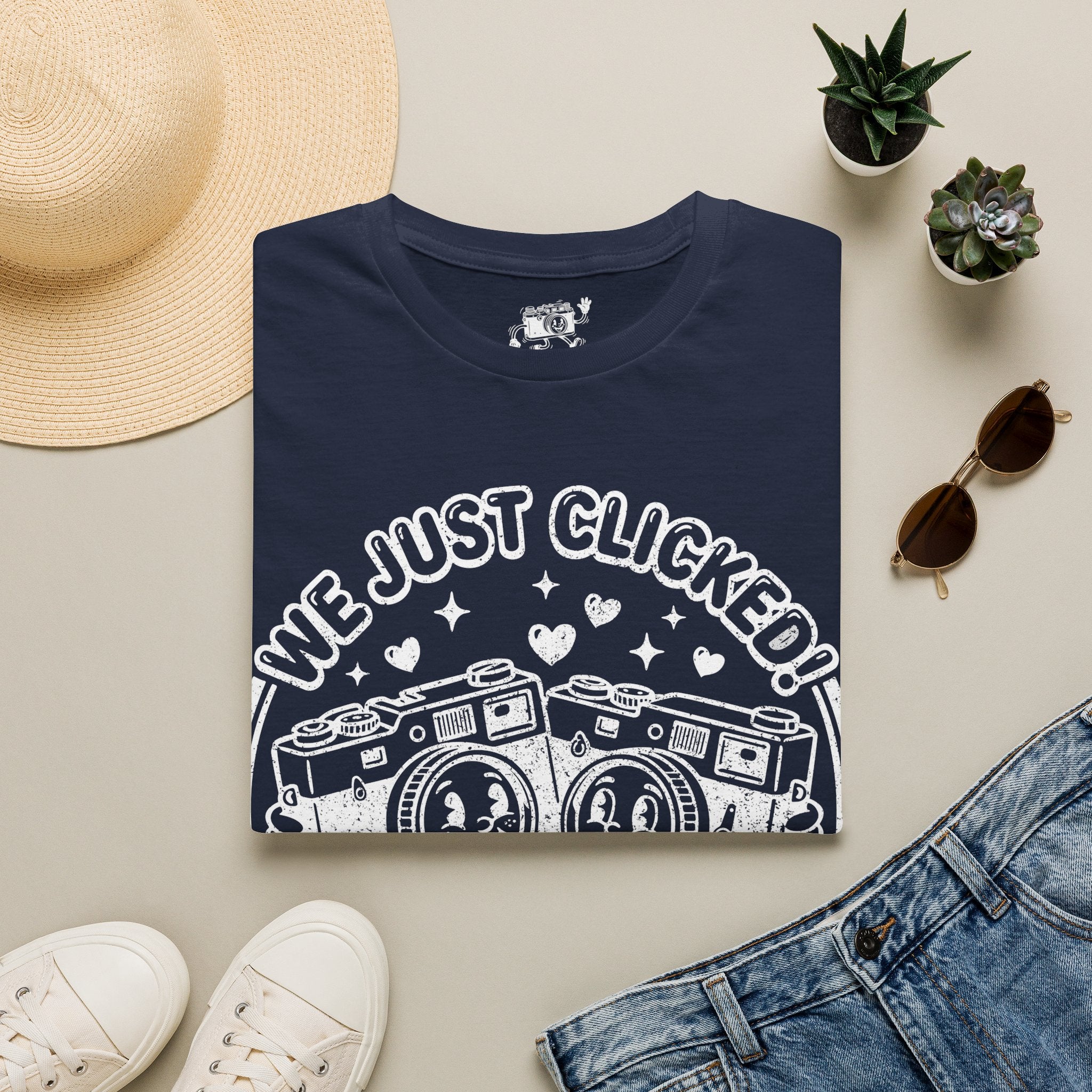 ‘We Just Clicked!’ DISTRESSED VERSION camera besties forever fun 1930’s art style camera graphic T-Shirt — Photography Lover Tee