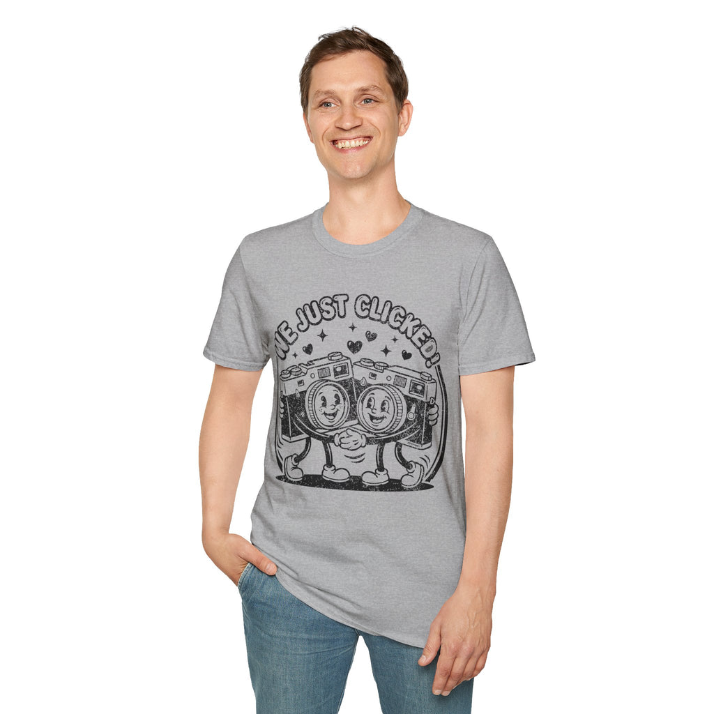 ‘We Just Clicked!’ DISTRESSED VERSION camera besties forever fun 1930’s art style camera graphic T-Shirt — Photography Lover Tee