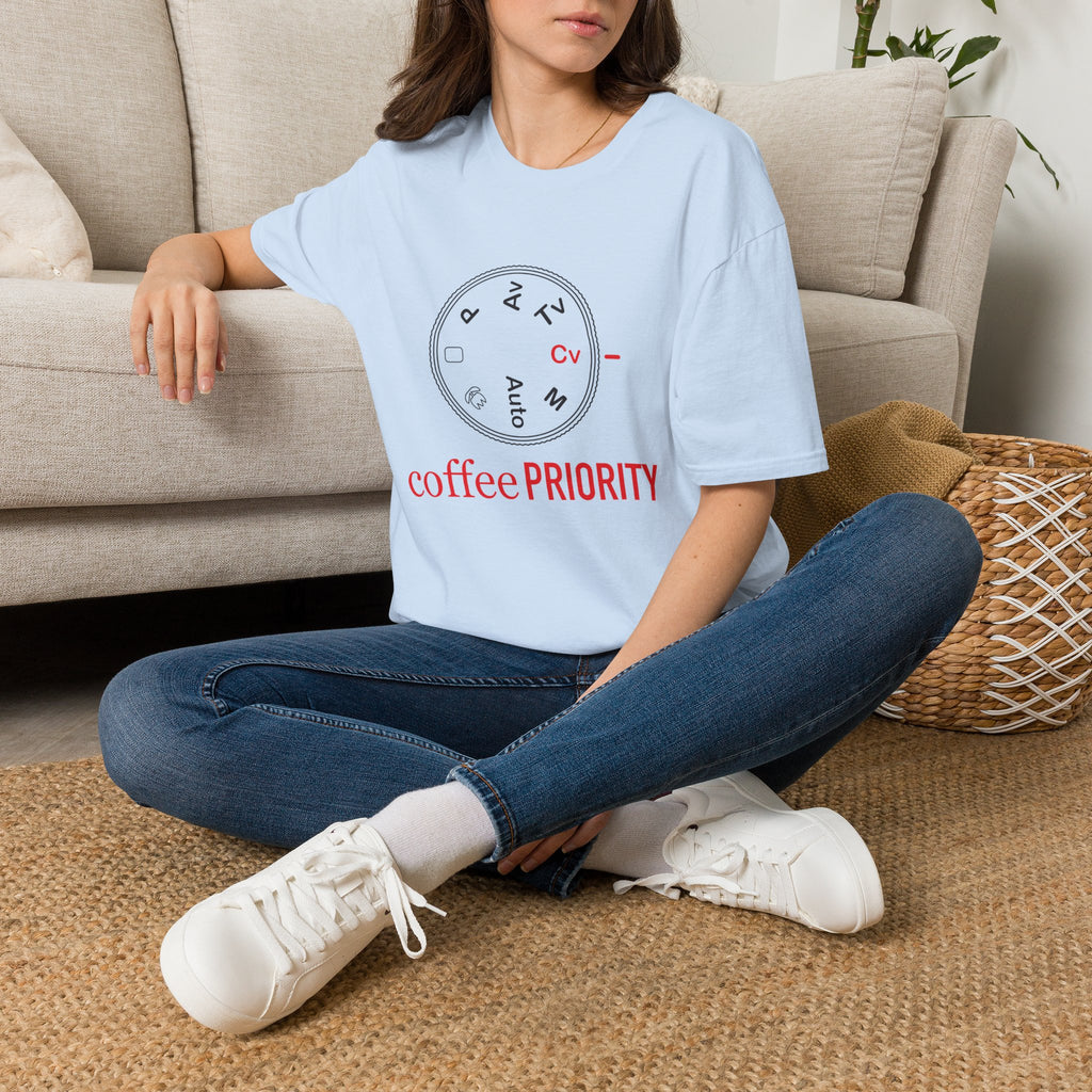 ‘Coffee Priority’ Funny Camera T-Shirt — Photography Lover Tee