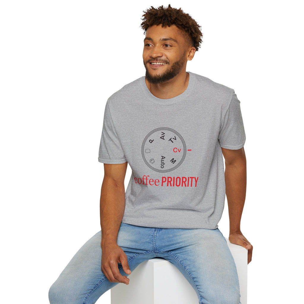 ‘Coffee Priority’ Funny Camera T-Shirt — Photography Lover Tee