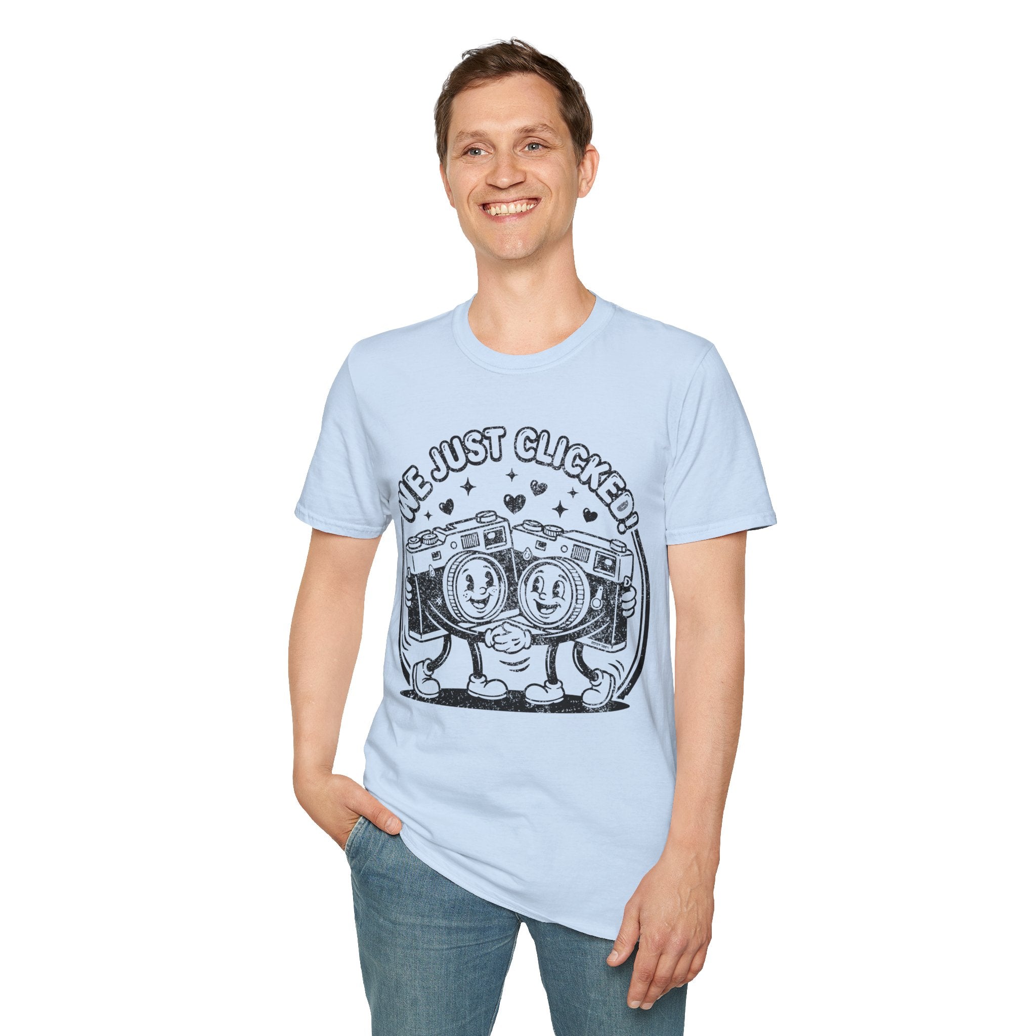 ‘We Just Clicked!’ DISTRESSED VERSION camera besties forever fun 1930’s art style camera graphic T-Shirt — Photography Lover Tee
