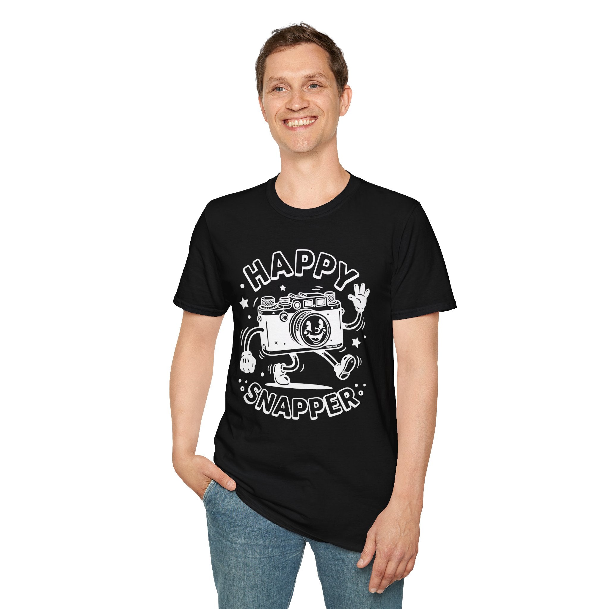 ‘Happy Snapper’ fun 1930’s art style camera graphic T-Shirt — Photography Lover Tee