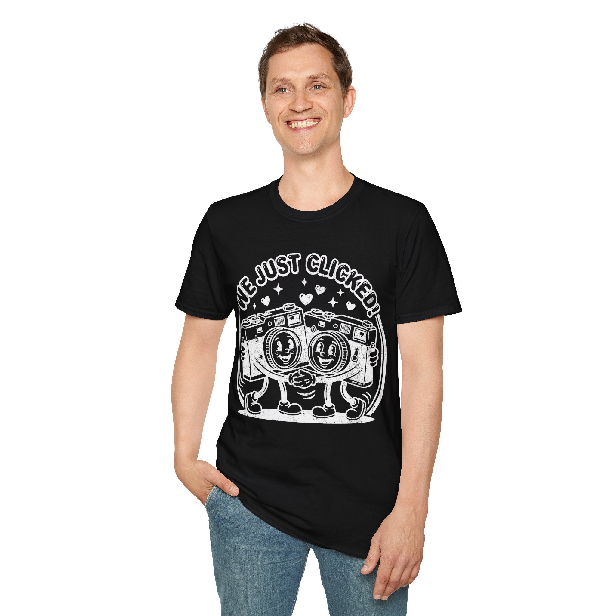 ‘We Just Clicked!’ DISTRESSED VERSION camera besties forever fun 1930’s art style camera graphic T-Shirt — Photography Lover Tee