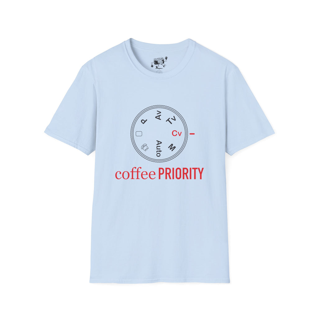 ‘Coffee Priority’ Funny Camera T-Shirt — Photography Lover Tee