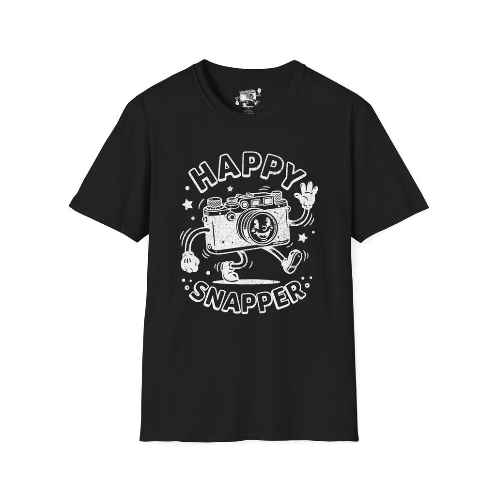 Happy Snapper DISTRESSED VERSION fun 1930’s art style camera graphic T-Shirt — Photography Lover Tee