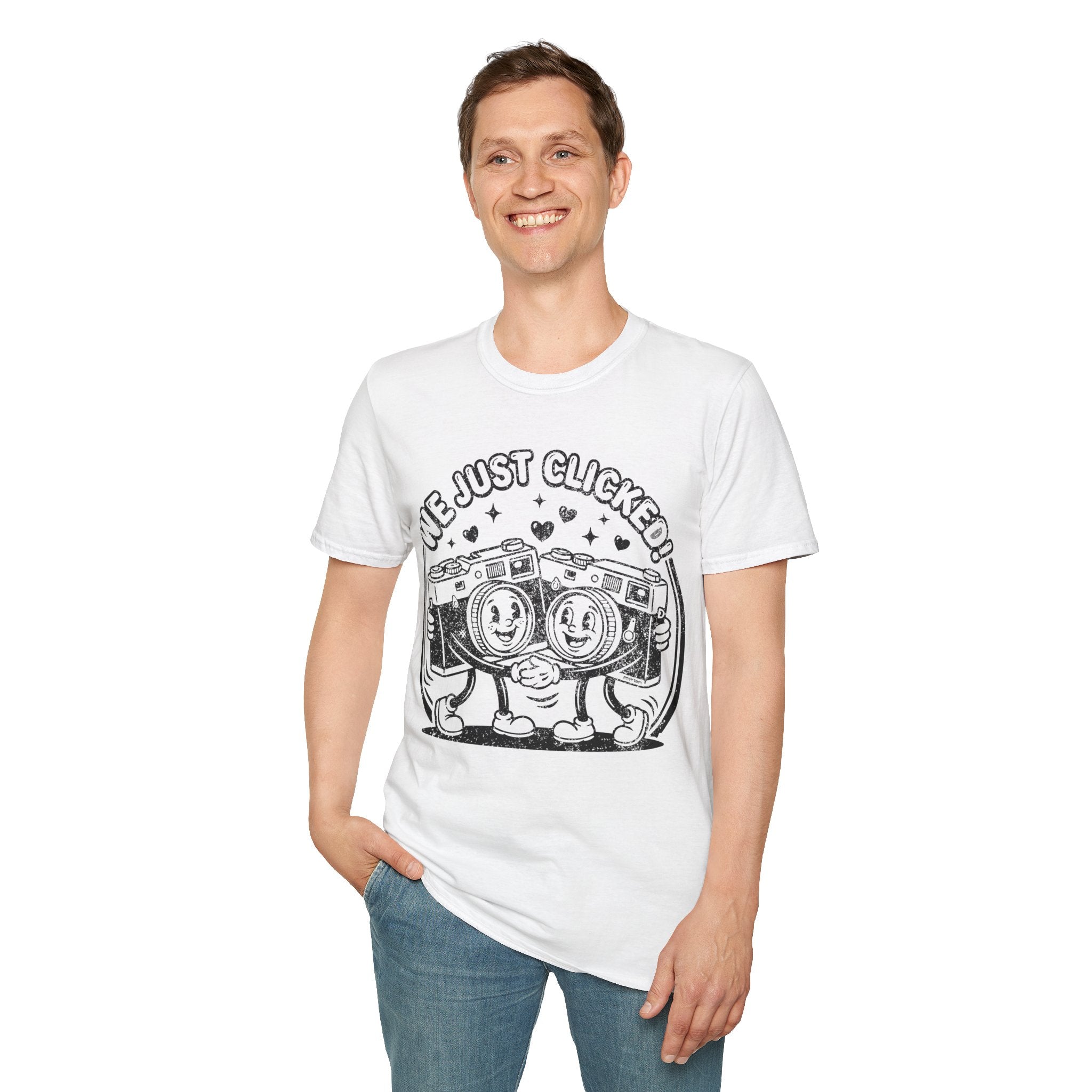 ‘We Just Clicked!’ DISTRESSED VERSION camera besties forever fun 1930’s art style camera graphic T-Shirt — Photography Lover Tee