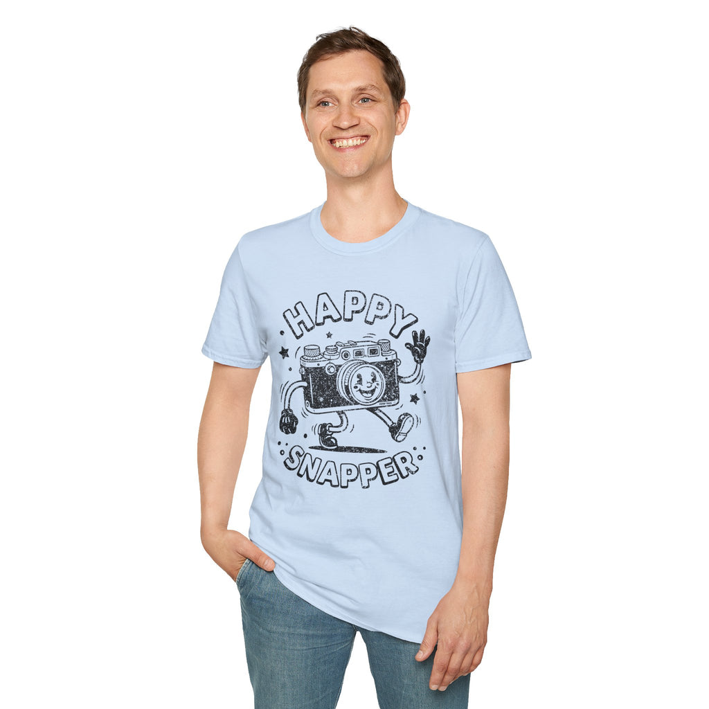 Happy Snapper DISTRESSED VERSION fun 1930’s art style camera graphic T-Shirt — Photography Lover Tee