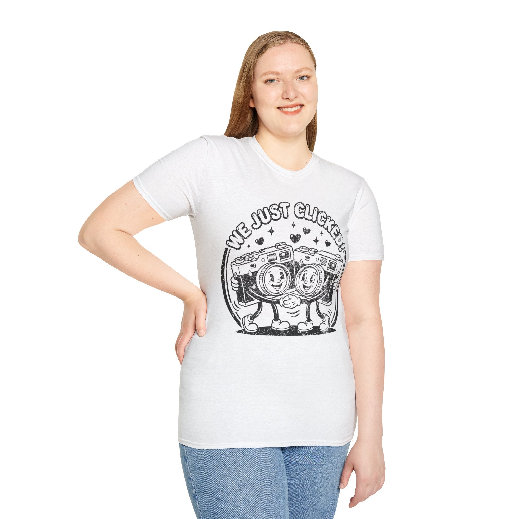 ‘We Just Clicked!’ DISTRESSED VERSION camera besties forever fun 1930’s art style camera graphic T-Shirt — Photography Lover Tee