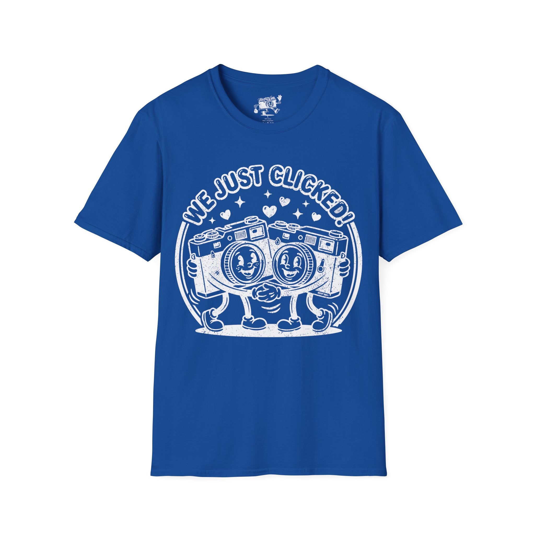 ‘We Just Clicked!’ DISTRESSED VERSION camera besties forever fun 1930’s art style camera graphic T-Shirt — Photography Lover Tee