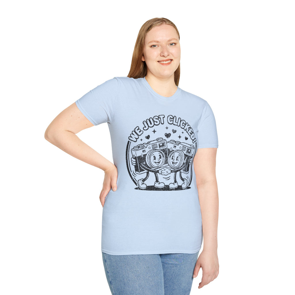 ‘We Just Clicked!’ DISTRESSED VERSION camera besties forever fun 1930’s art style camera graphic T-Shirt — Photography Lover Tee