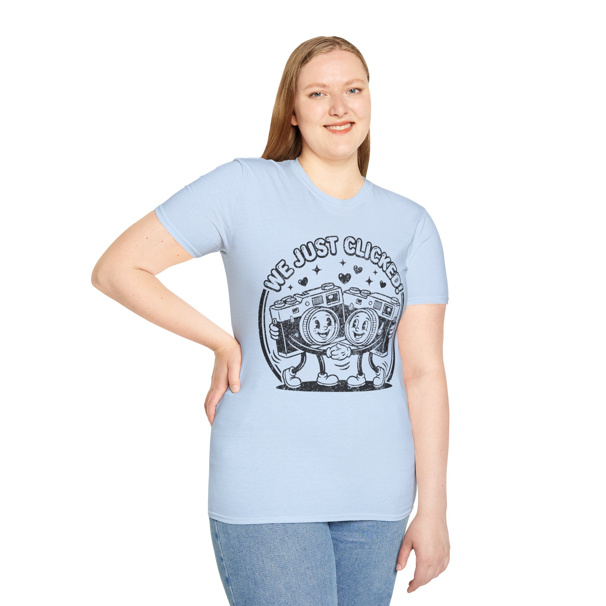‘We Just Clicked!’ DISTRESSED VERSION camera besties forever fun 1930’s art style camera graphic T-Shirt — Photography Lover Tee