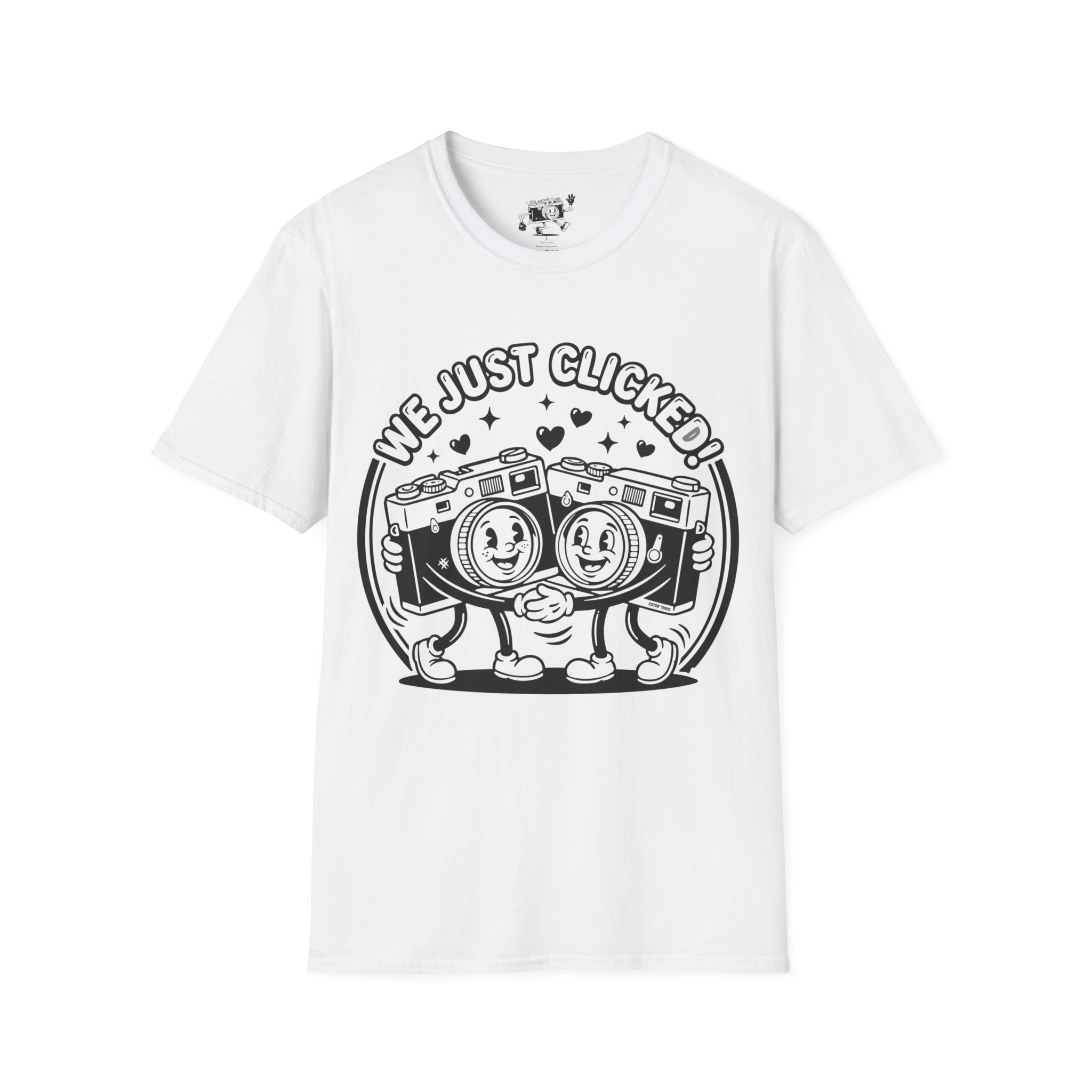 ‘We Just Clicked!’ camera besties forever fun 1930’s art style camera graphic T-Shirt — Photography Lover Tee