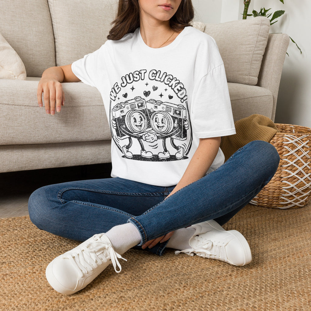 ‘We Just Clicked!’ DISTRESSED VERSION camera besties forever fun 1930’s art style camera graphic T-Shirt — Photography Lover Tee