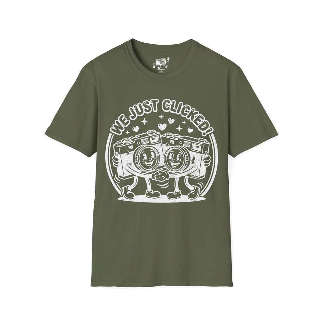 ‘We Just Clicked!’ DISTRESSED VERSION camera besties forever fun 1930’s art style camera graphic T-Shirt — Photography Lover Tee