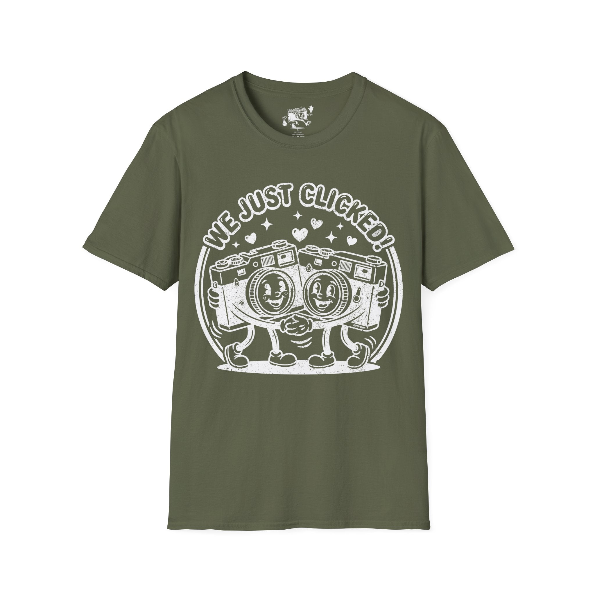 ‘We Just Clicked!’ DISTRESSED VERSION camera besties forever fun 1930’s art style camera graphic T-Shirt — Photography Lover Tee