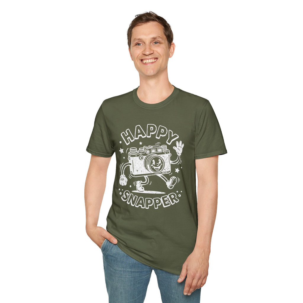 Happy Snapper DISTRESSED VERSION fun 1930’s art style camera graphic T-Shirt — Photography Lover Tee