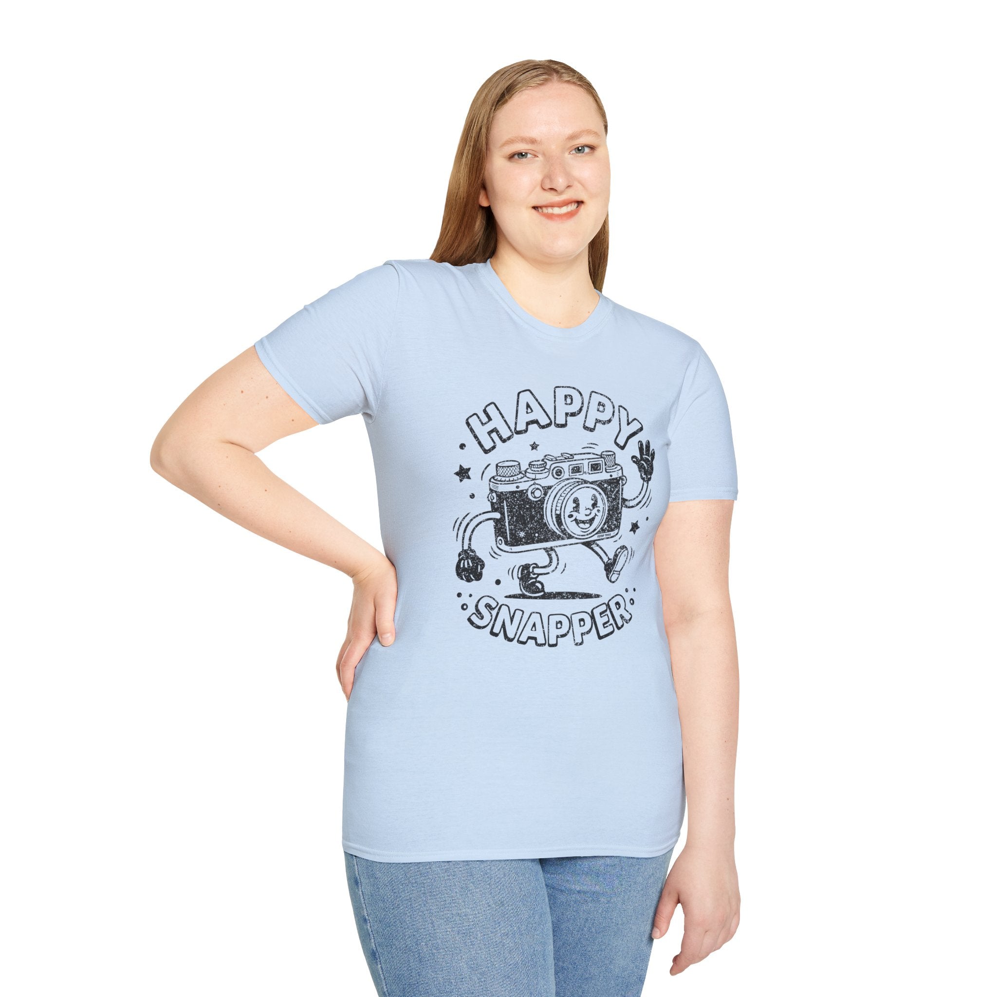 Happy Snapper DISTRESSED VERSION fun 1930’s art style camera graphic T-Shirt — Photography Lover Tee