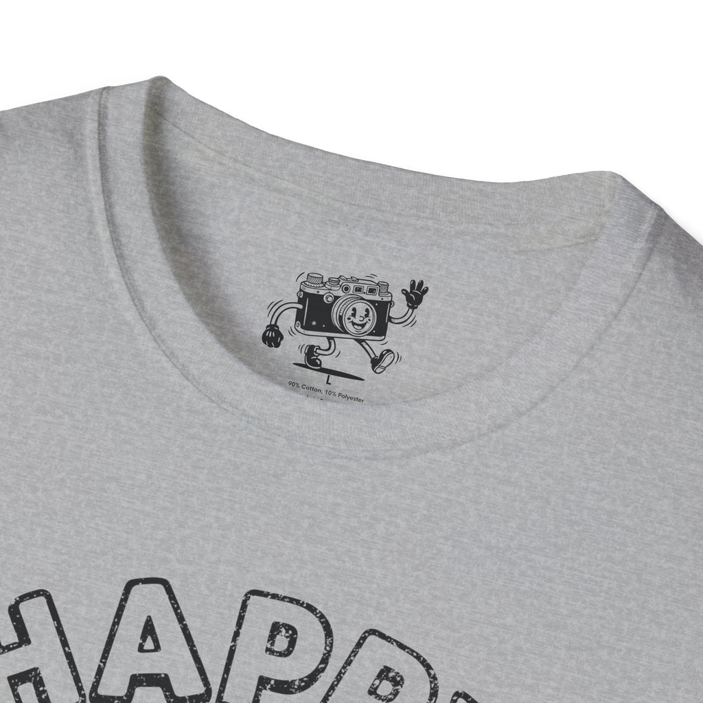 Happy Snapper DISTRESSED VERSION fun 1930’s art style camera graphic T-Shirt — Photography Lover Tee
