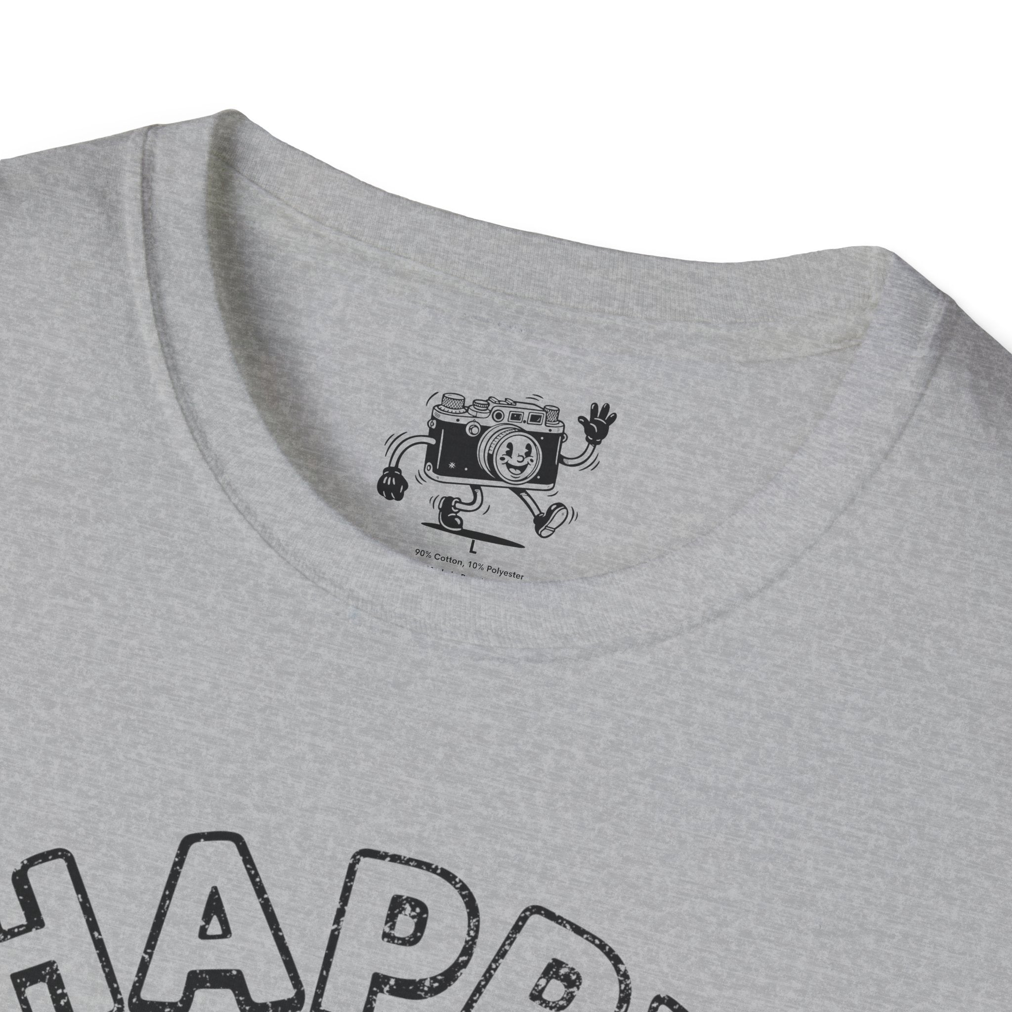 Happy Snapper DISTRESSED VERSION fun 1930’s art style camera graphic T-Shirt — Photography Lover Tee