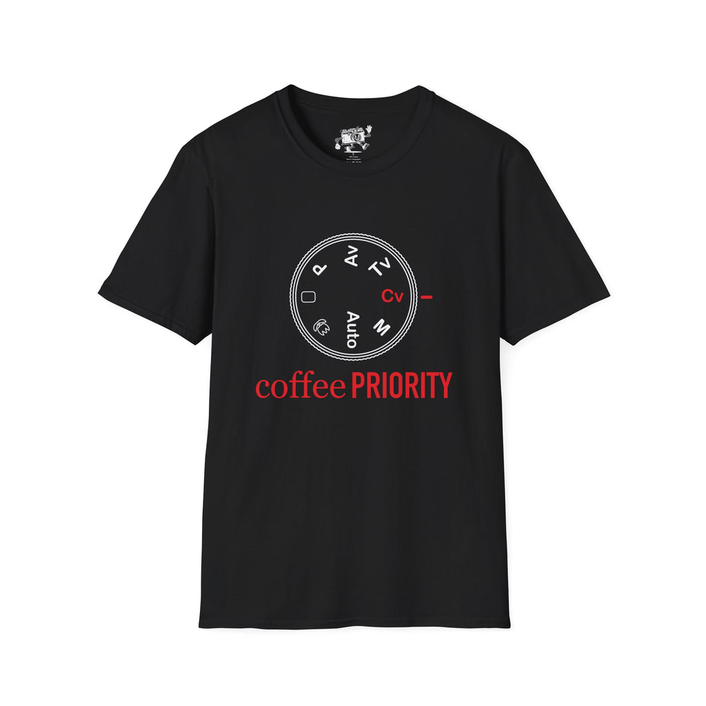 ‘Coffee Priority’ Funny Camera T-Shirt — Photography Lover Tee
