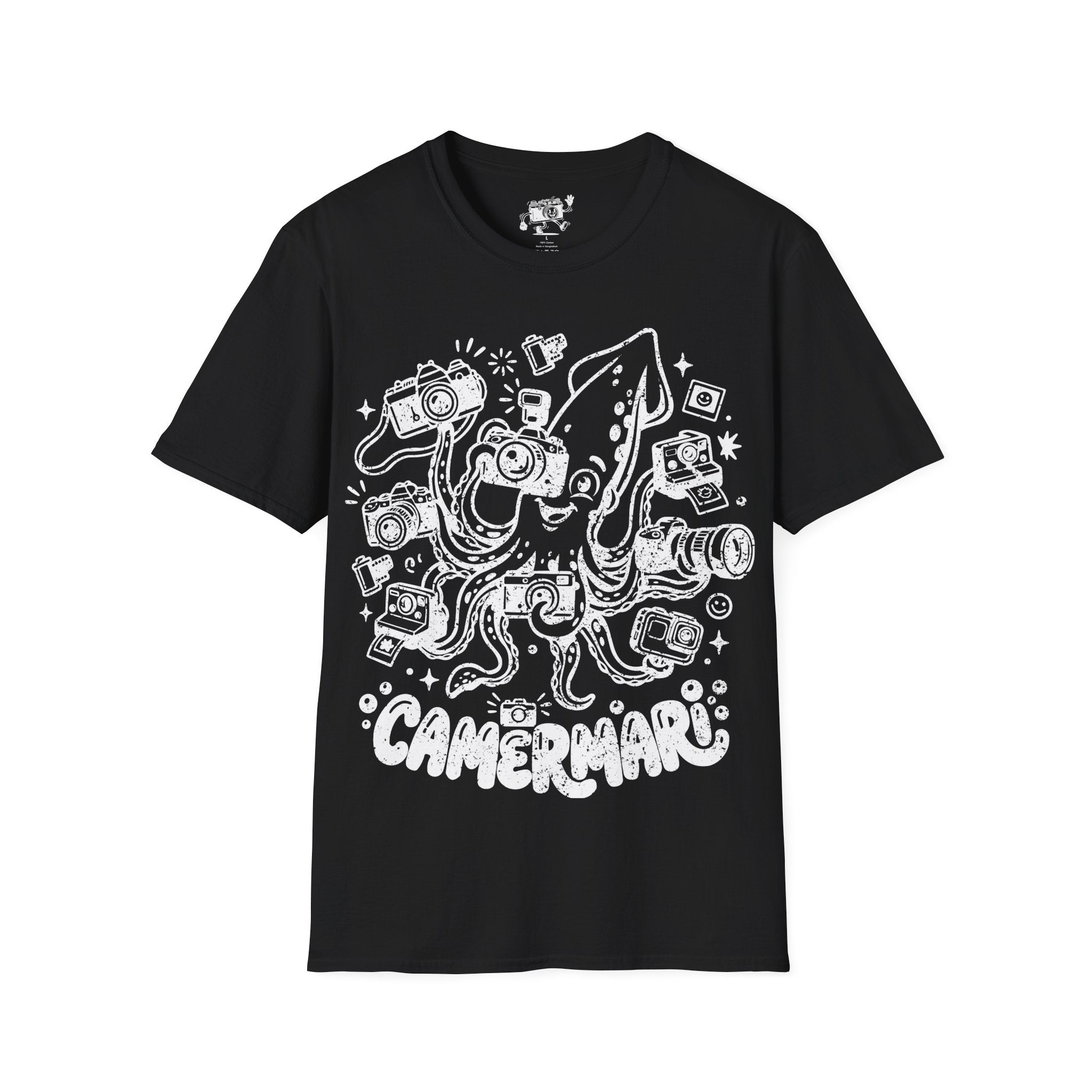 ‘Camerami’ DISTRESSED VERSION Fun Squid Calamari/Cameras T-Shirt — Photography Lover Tee