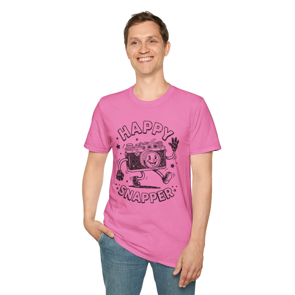 Happy Snapper DISTRESSED VERSION fun 1930’s art style camera graphic T-Shirt — Photography Lover Tee