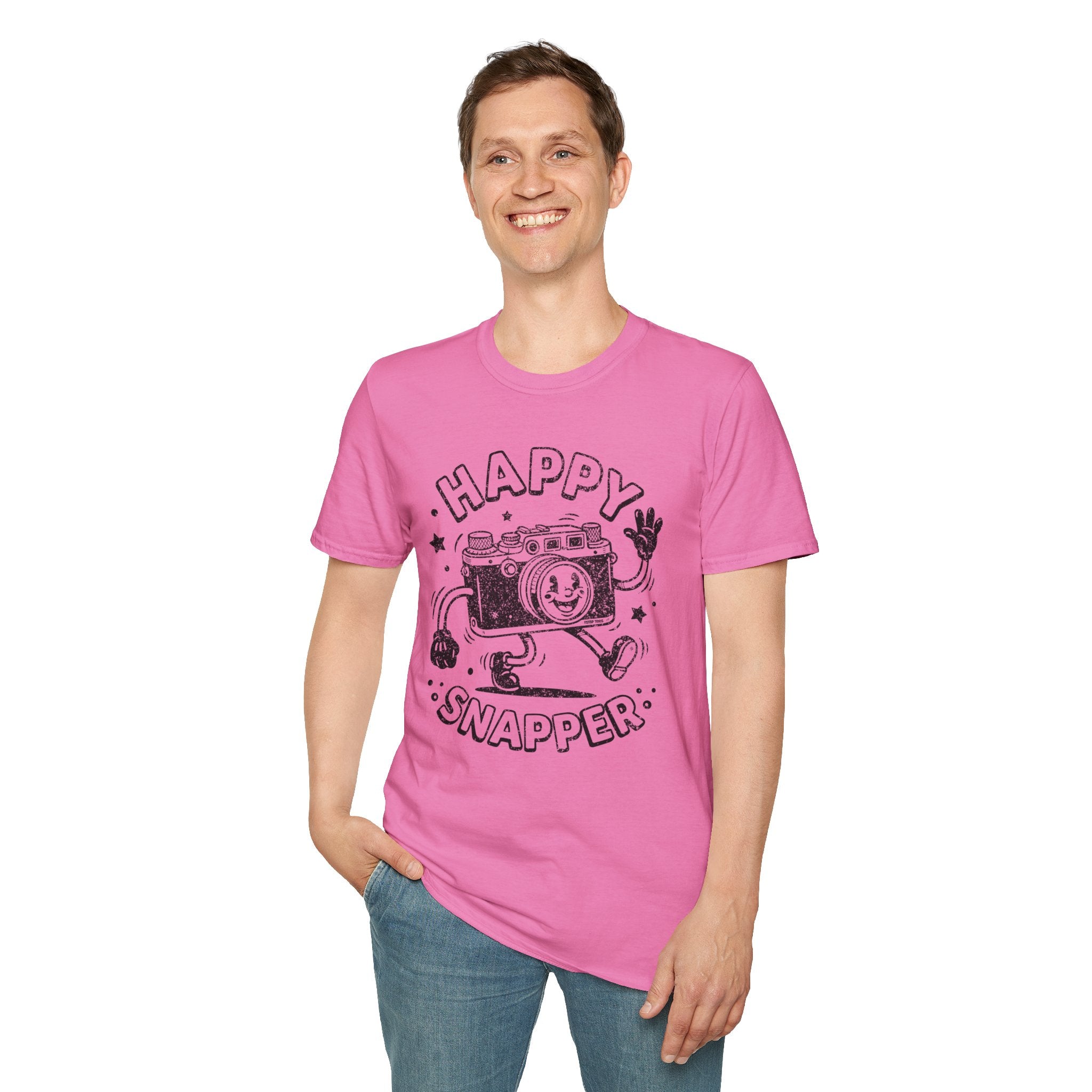 Happy Snapper DISTRESSED VERSION fun 1930’s art style camera graphic T-Shirt — Photography Lover Tee
