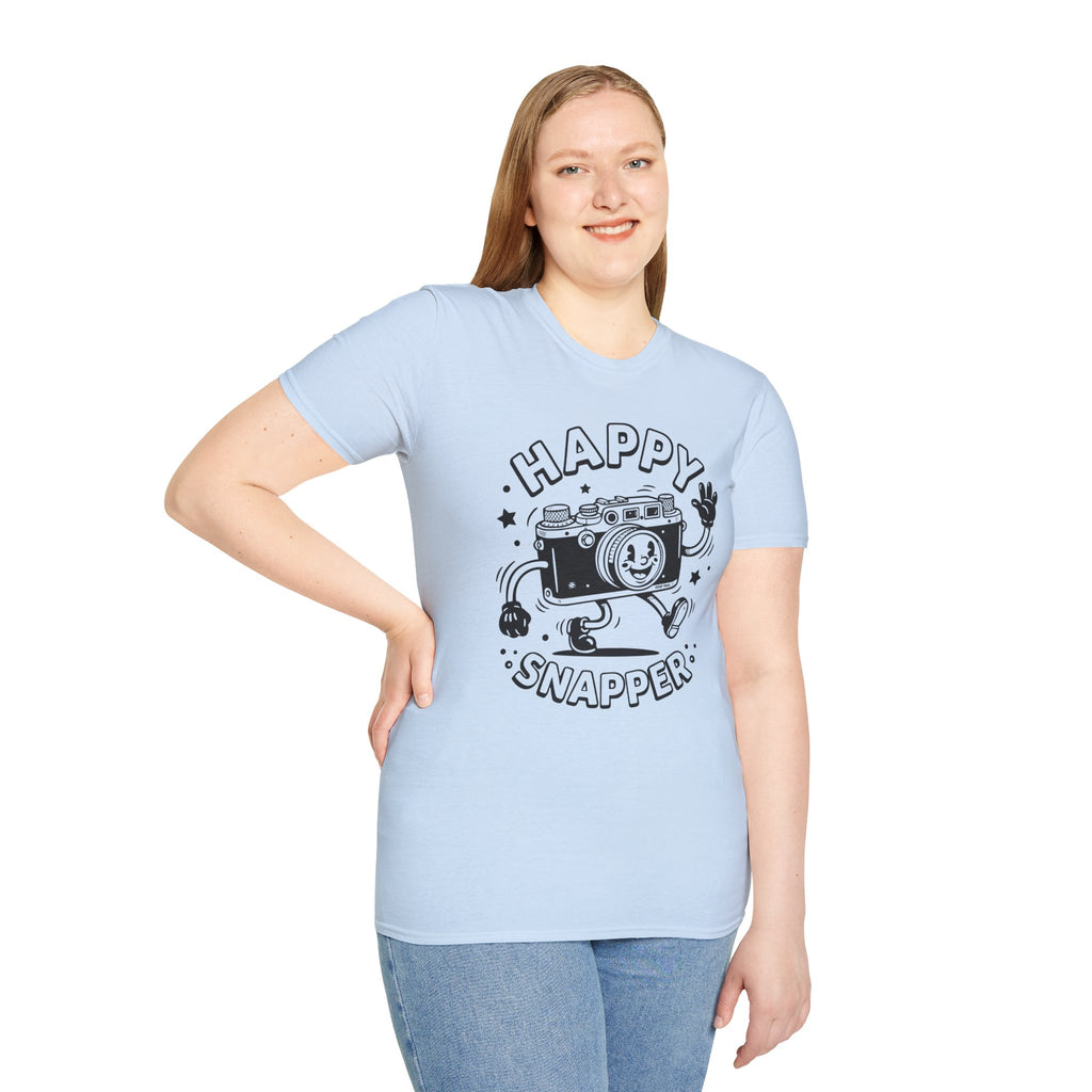 ‘Happy Snapper’ fun 1930’s art style camera graphic T-Shirt — Photography Lover Tee