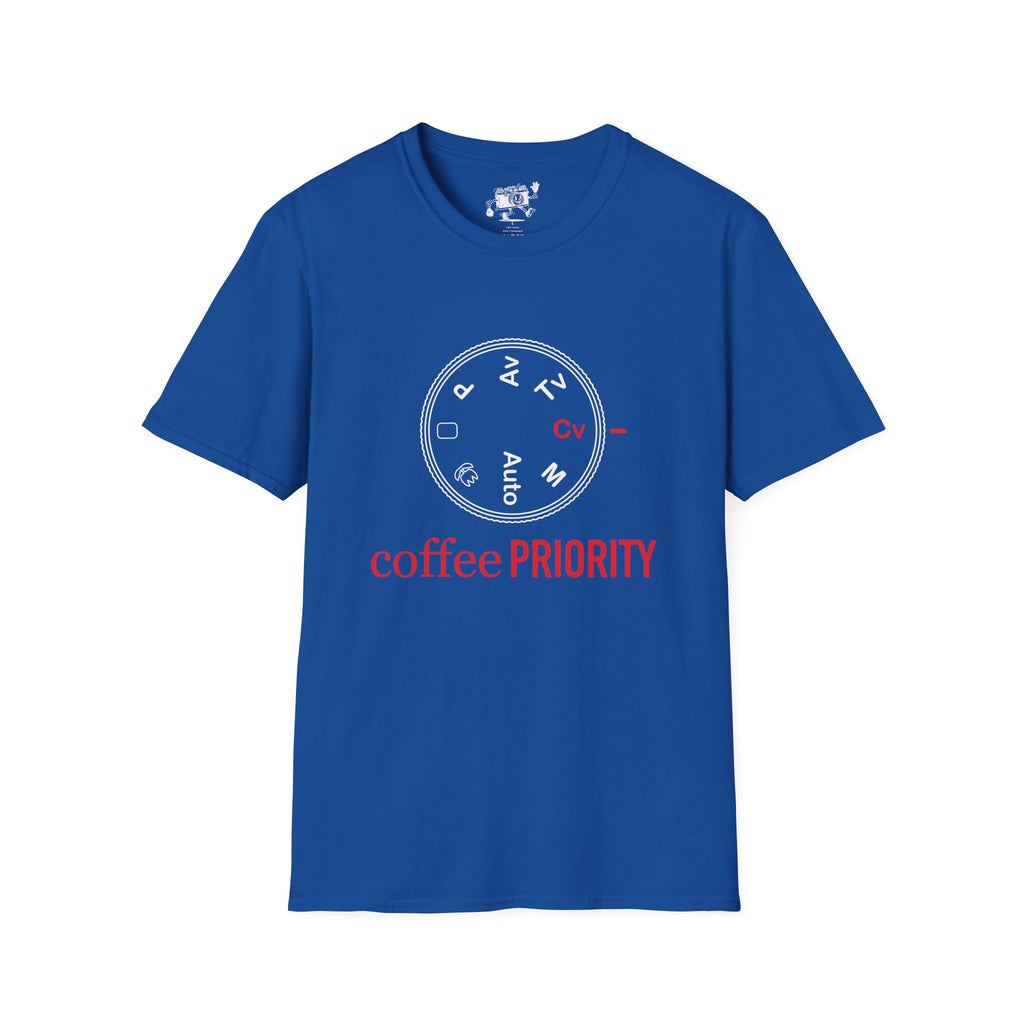 ‘Coffee Priority’ Funny Camera T-Shirt — Photography Lover Tee