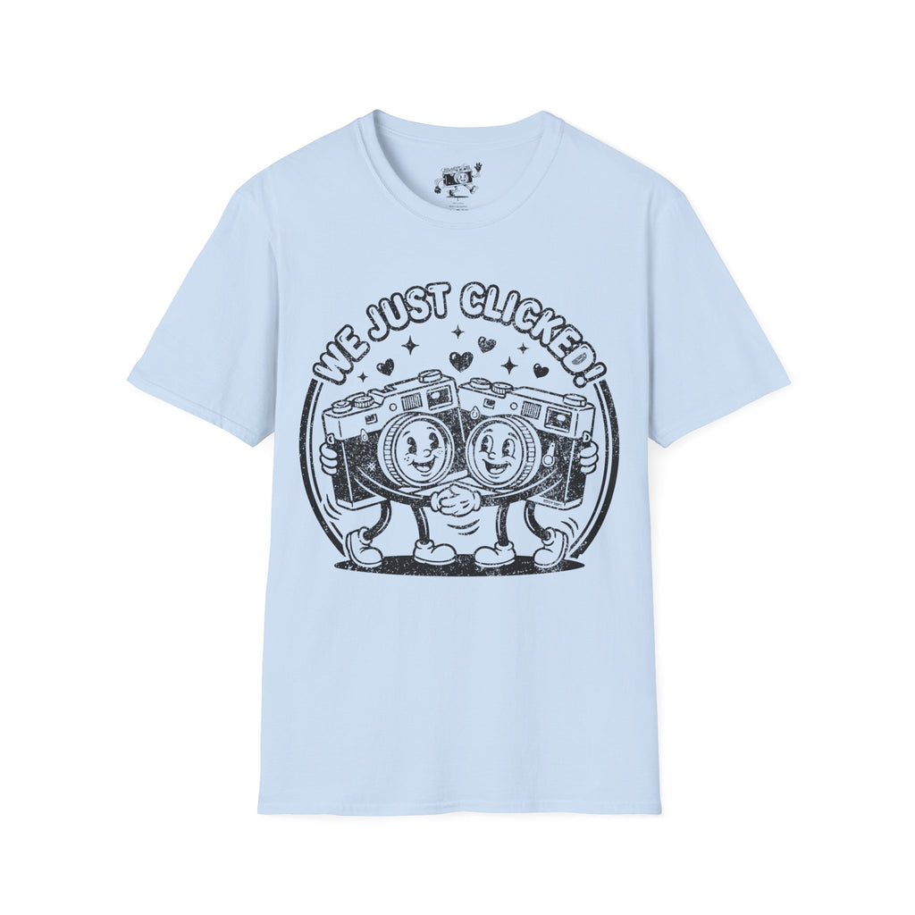 ‘We Just Clicked!’ DISTRESSED VERSION camera besties forever fun 1930’s art style camera graphic T-Shirt — Photography Lover Tee