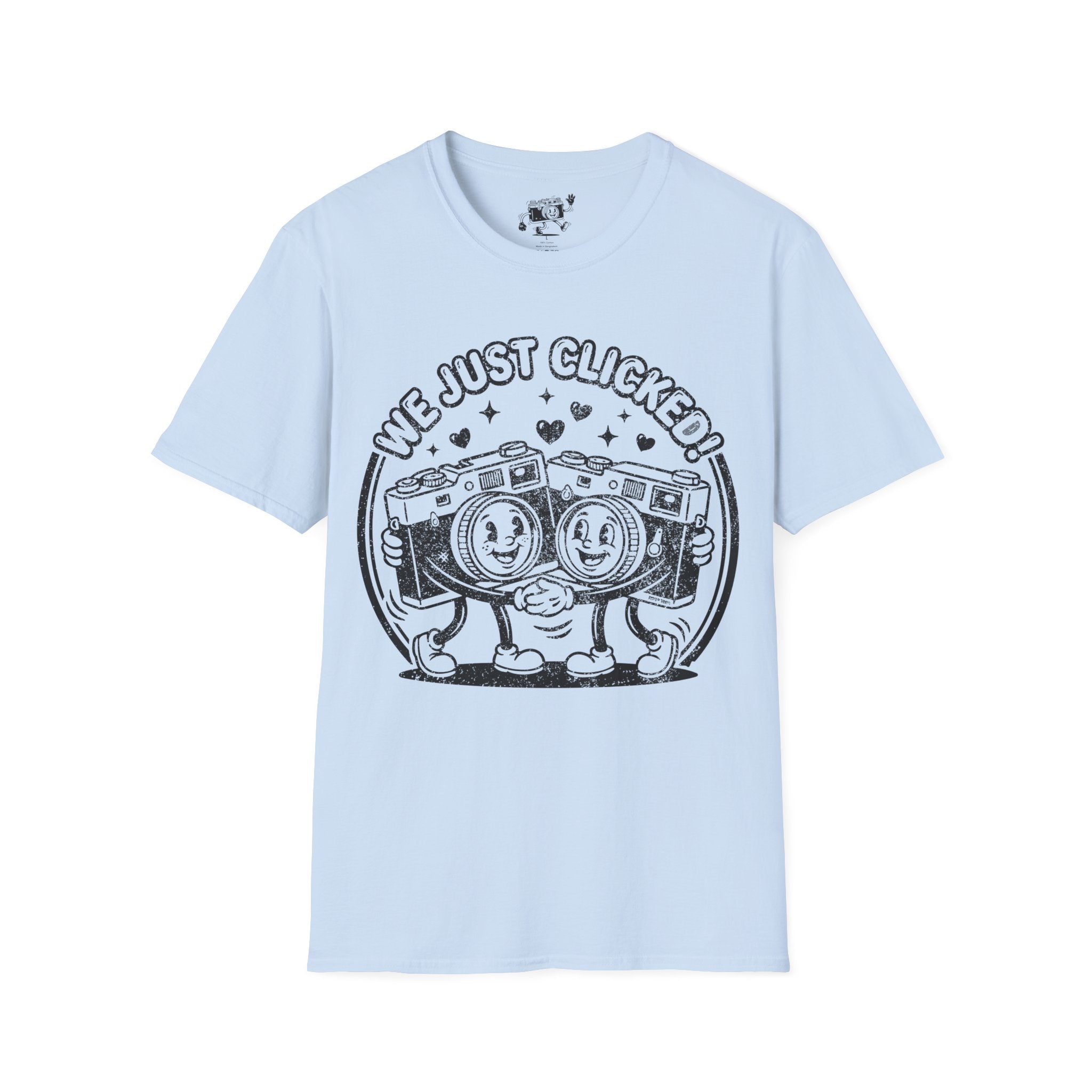‘We Just Clicked!’ DISTRESSED VERSION camera besties forever fun 1930’s art style camera graphic T-Shirt — Photography Lover Tee