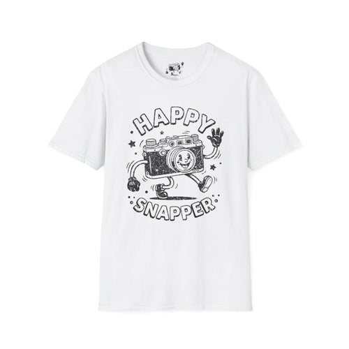 Happy Snapper DISTRESSED VERSION fun 1930’s art style camera graphic T-Shirt — Photography Lover Tee