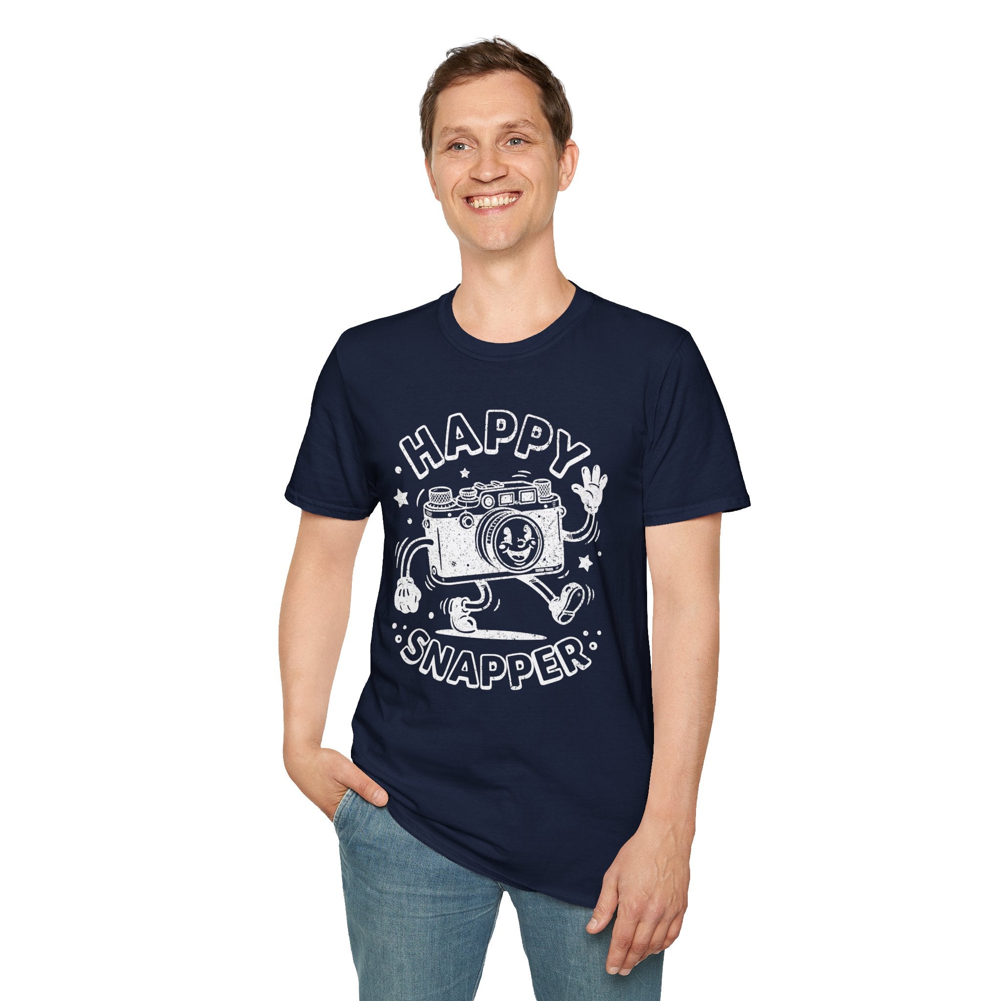 Happy Snapper DISTRESSED VERSION fun 1930’s art style camera graphic T-Shirt — Photography Lover Tee