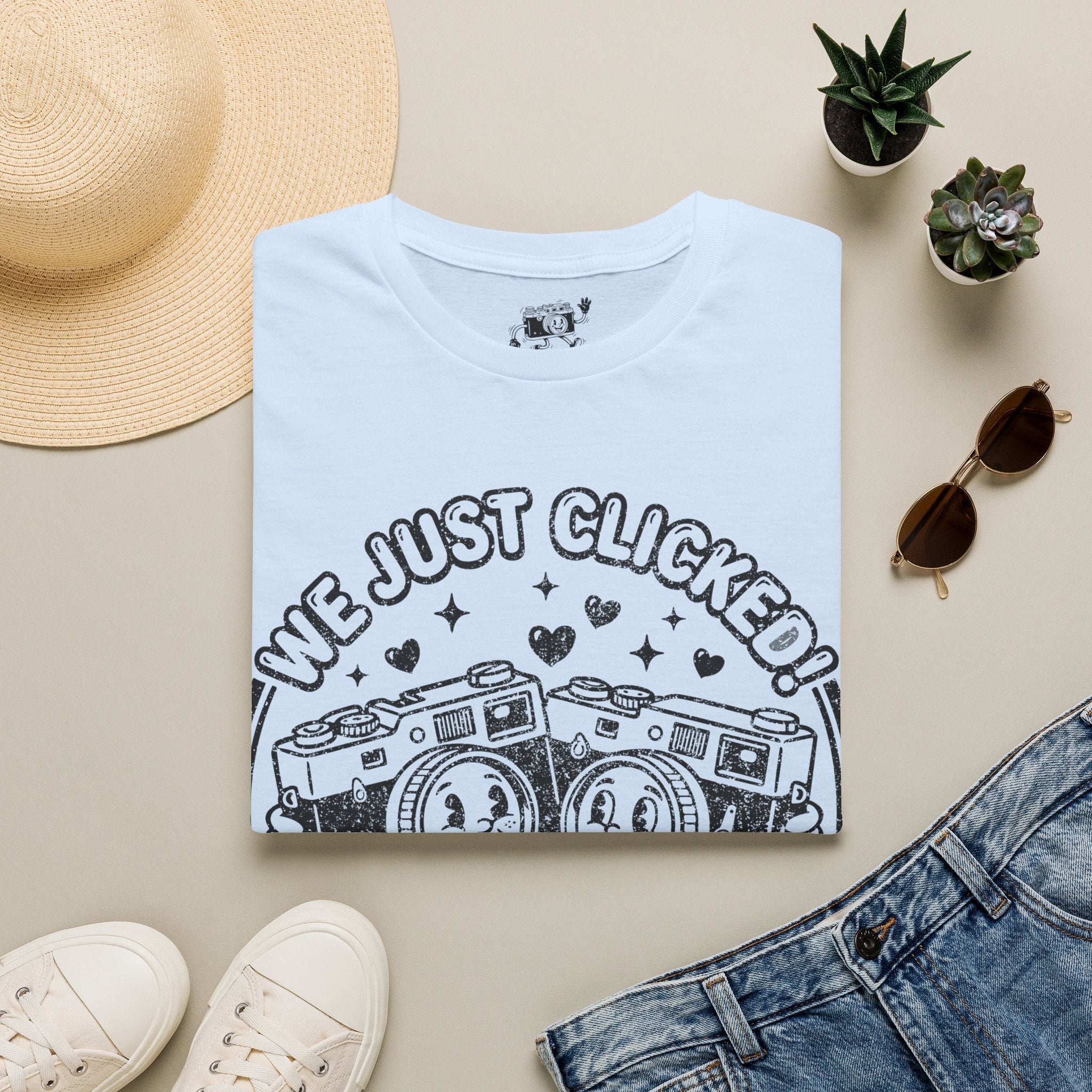 ‘We Just Clicked!’ DISTRESSED VERSION camera besties forever fun 1930’s art style camera graphic T-Shirt — Photography Lover Tee