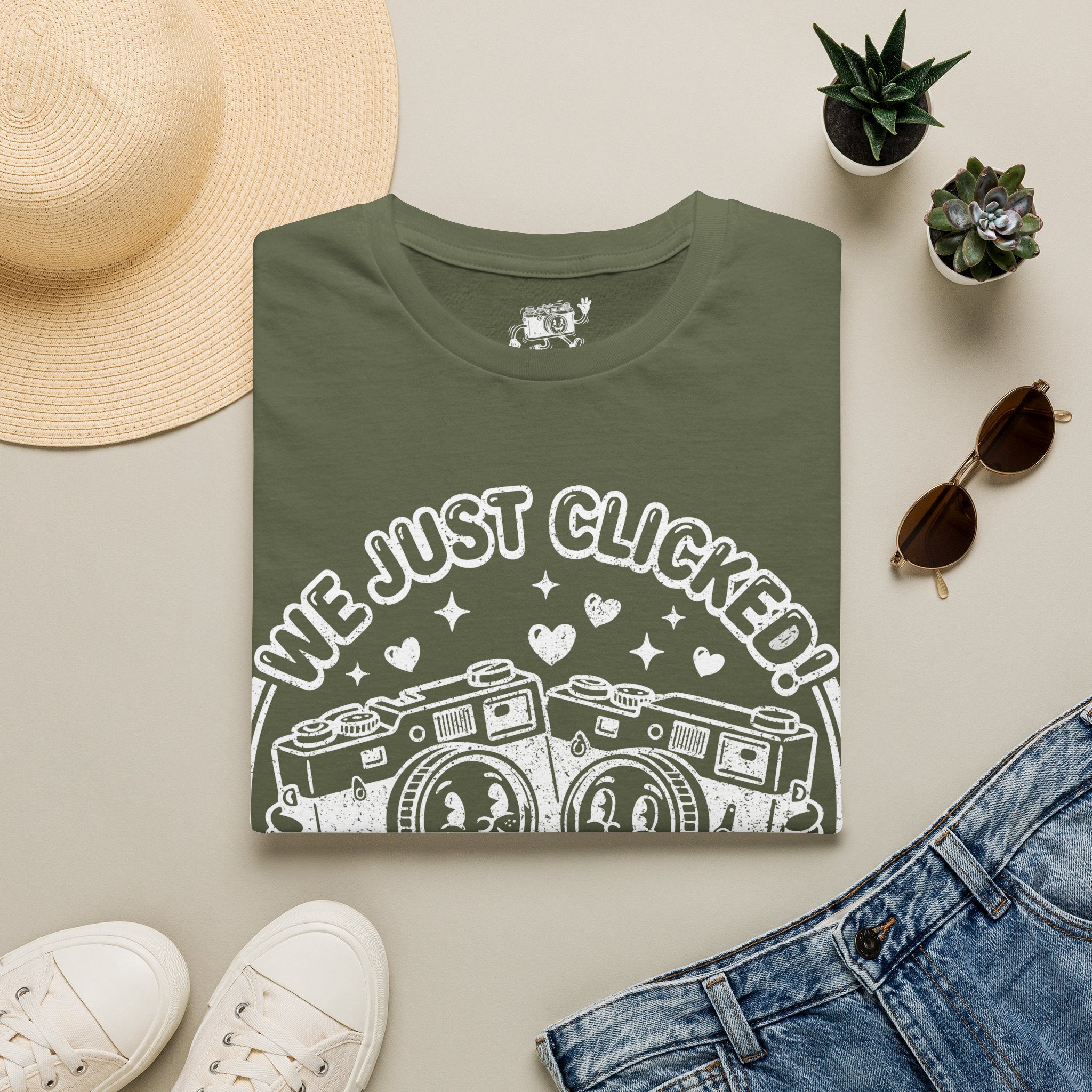 ‘We Just Clicked!’ DISTRESSED VERSION camera besties forever fun 1930’s art style camera graphic T-Shirt — Photography Lover Tee