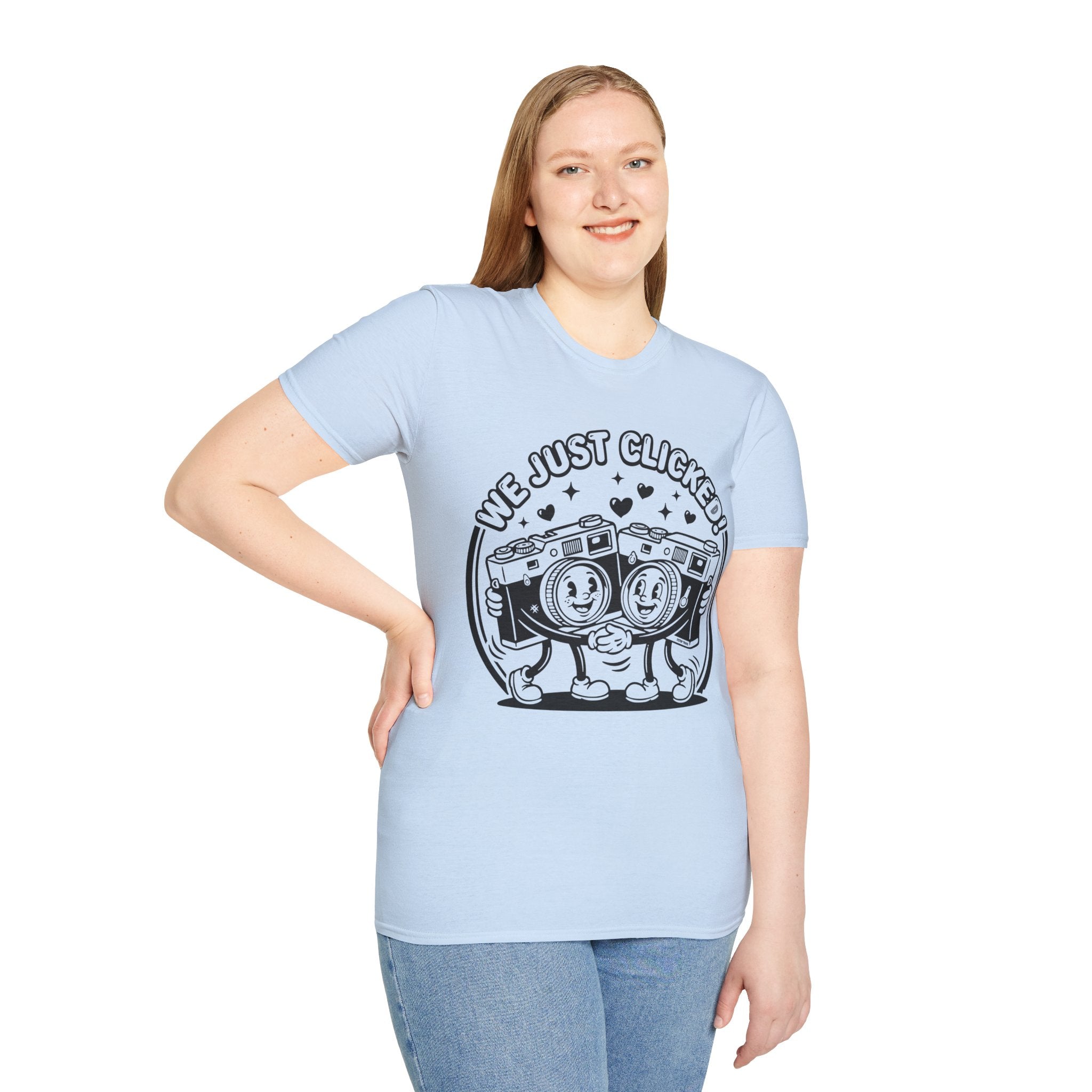 ‘We Just Clicked!’ camera besties forever fun 1930’s art style camera graphic T-Shirt — Photography Lover Tee