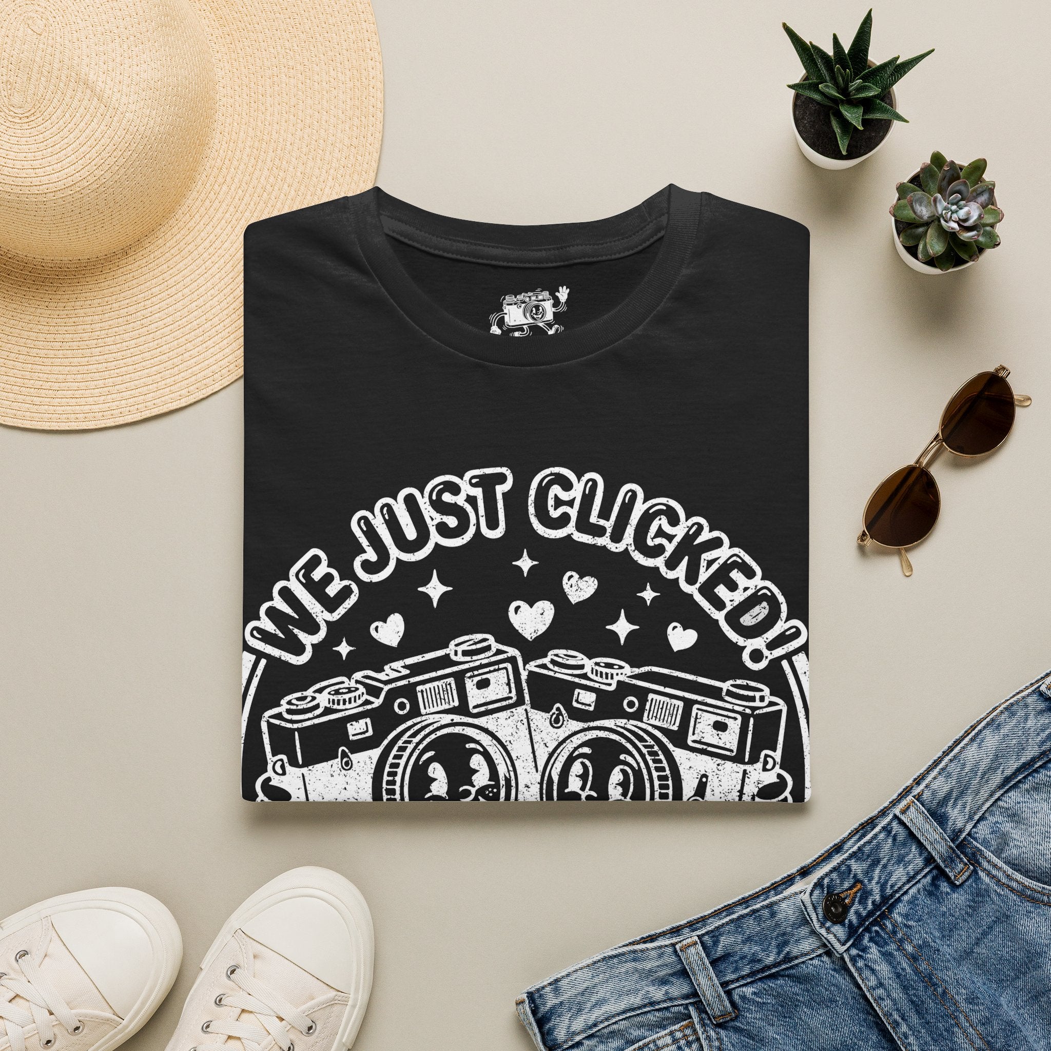 ‘We Just Clicked!’ DISTRESSED VERSION camera besties forever fun 1930’s art style camera graphic T-Shirt — Photography Lover Tee