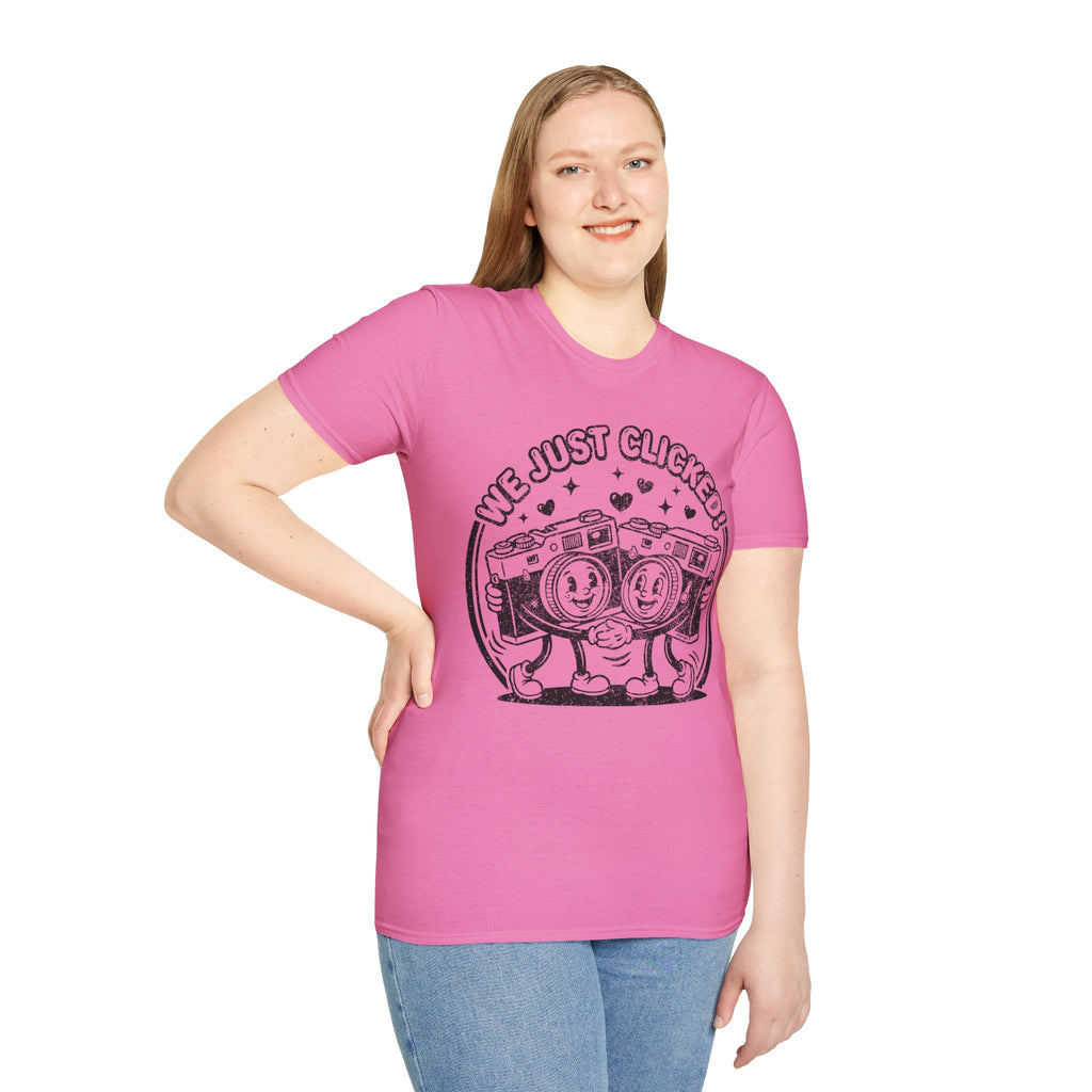 ‘We Just Clicked!’ DISTRESSED VERSION camera besties forever fun 1930’s art style camera graphic T-Shirt — Photography Lover Tee