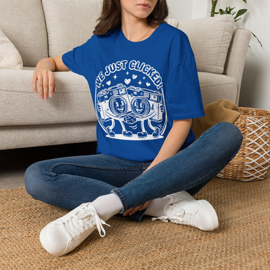 ‘We Just Clicked!’ DISTRESSED VERSION camera besties forever fun 1930’s art style camera graphic T-Shirt — Photography Lover Tee