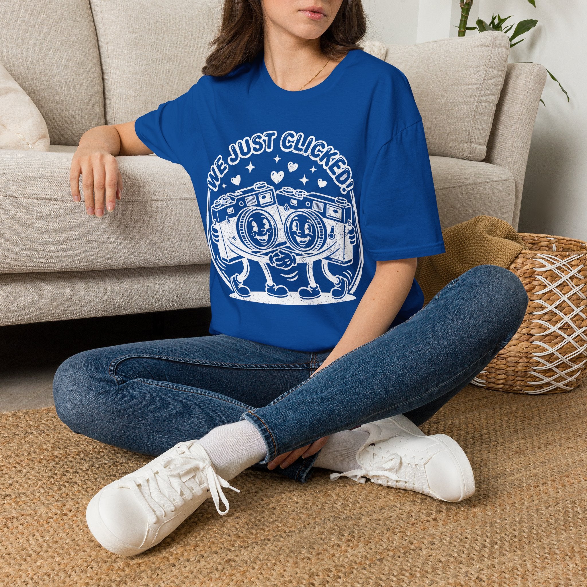 ‘We Just Clicked!’ DISTRESSED VERSION camera besties forever fun 1930’s art style camera graphic T-Shirt — Photography Lover Tee