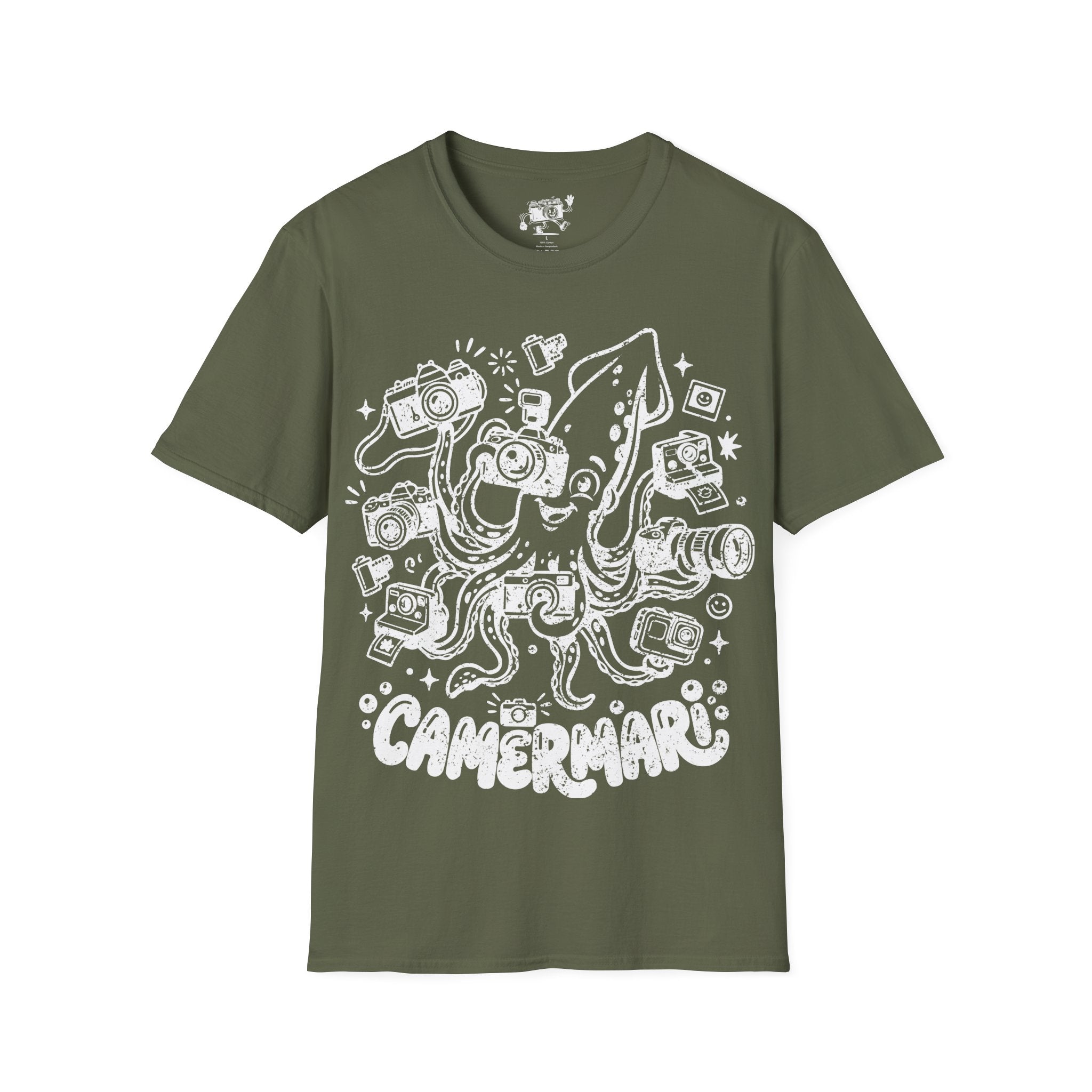 ‘Camerami’ DISTRESSED VERSION Fun Squid Calamari/Cameras T-Shirt — Photography Lover Tee
