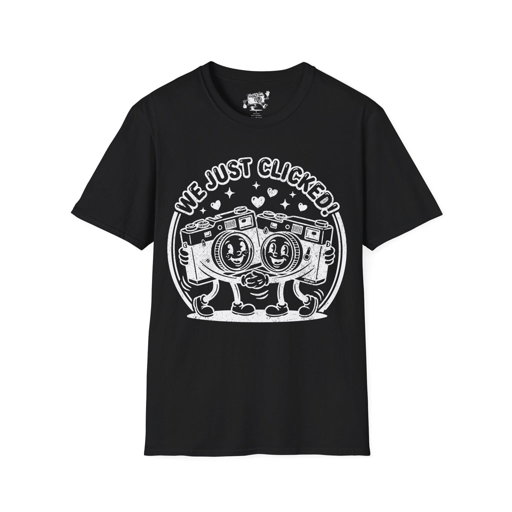 ‘We Just Clicked!’ DISTRESSED VERSION camera besties forever fun 1930’s art style camera graphic T-Shirt — Photography Lover Tee