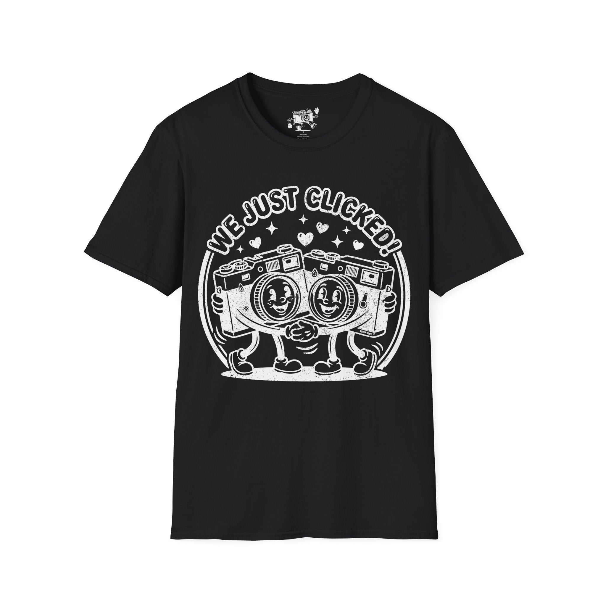 ‘We Just Clicked!’ DISTRESSED VERSION camera besties forever fun 1930’s art style camera graphic T-Shirt — Photography Lover Tee