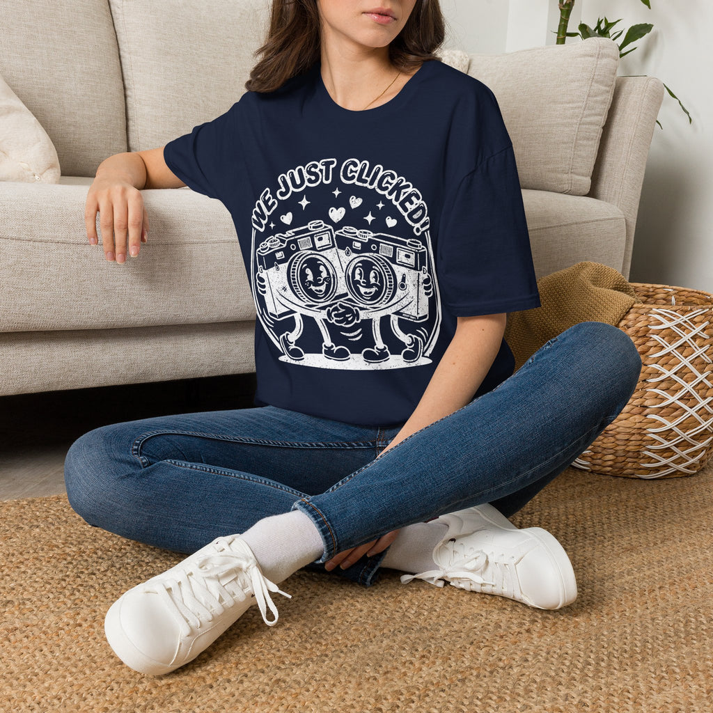 ‘We Just Clicked!’ DISTRESSED VERSION camera besties forever fun 1930’s art style camera graphic T-Shirt — Photography Lover Tee