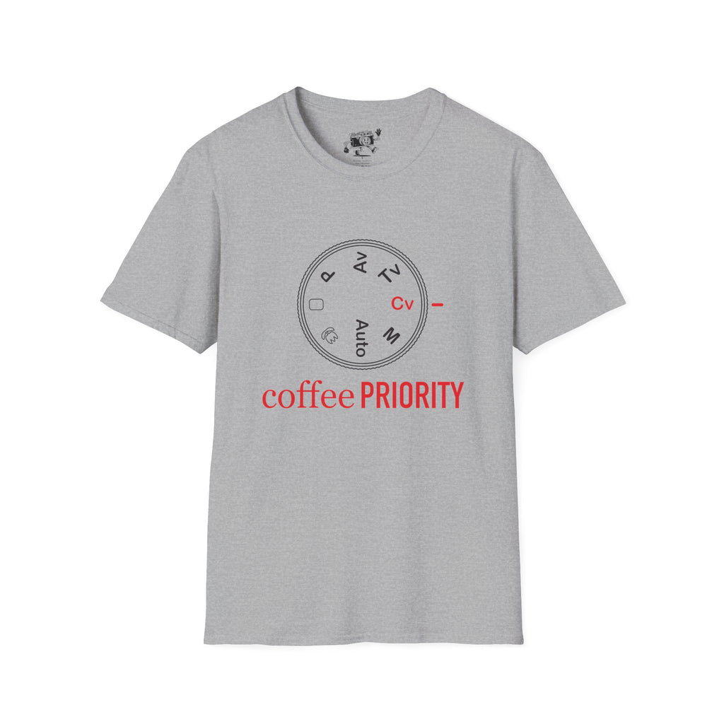 ‘Coffee Priority’ Funny Camera T-Shirt — Photography Lover Tee
