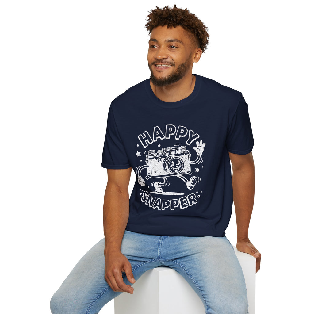 Happy Snapper DISTRESSED VERSION fun 1930’s art style camera graphic T-Shirt — Photography Lover Tee