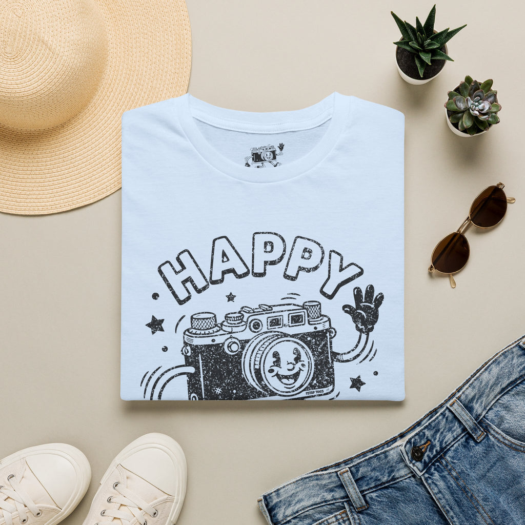 Happy Snapper DISTRESSED VERSION fun 1930’s art style camera graphic T-Shirt — Photography Lover Tee